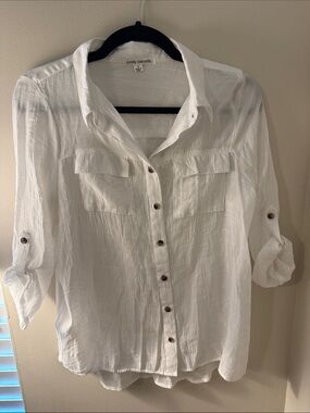 Emily Daniels White Button-Front Linen Blend Women's Shirt